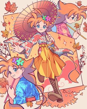 1girl absurdly_long_hair absurdres ahiru_(princess_tutu) ahoge alternate_costume autumn autumn_leaves blue_eyes blue_kimono boots branch brown_boots castussan collage commentary english_commentary flipped_hair floral_print floral_print_kimono flower freckles gradient_background hair_flower hair_ornament highres holding holding_umbrella japanese_clothes kimono lace-up_boots leaf long_hair long_skirt looking_at_viewer lopsided_border multiple_views oil-paper_umbrella orange_background orange_hair outside_border pleated_skirt princess_tutu print_kimono short_kimono side_slit skirt sparkle_background umbrella very_long_hair white_kimono yellow_skirt