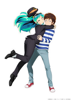 1boy 1girl annoyed black_hat black_pants black_shoes blue_hair blue_shirt central_japan_railway_company closed_mouth commentary_request cone_horns denim full_body hat hetero highres horns hug jeans long_hair looking_to_the_side lum moroboshi_ataru multicolored_hair official_art one_eye_closed oni orange_eyes pale_skin pants pointy_ears red_shoes shirt shoes short_hair sidelocks simple_background small_horns sneakers striped_clothes striped_horns striped_shirt urusei_yatsura white_background yellow_horns