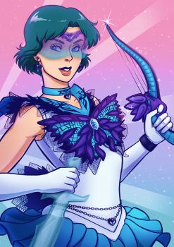 Rule 34 | 1girl, absurdres, armpit crease, back bow, belly chain, bishoujo senshi sailor moon, blue eyes, blue gem, blue hair, blue lips, blue sailor collar, blue skirt, blue visor, bow, choker, circlet, collarbone, dark mercury, earrings, gem, gloves, golgothasart, heart, heart earrings, highres, jewelry, light blush, lips, looking at viewer, mizuno ami, parted bangs, pretty guardian sailor moon, sailor collar, sailor mercury, sailor senshi uniform, skirt, smile, sword, weapon, white gloves
