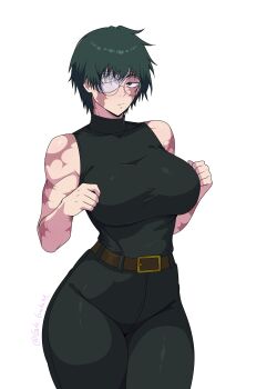 Rule 34 | 1girl, absurdres, bandage over one eye, belt, black pants, black shirt, breasts, brown belt, burn scar, cowboy shot, glasses, gratam, green hair, high-waist pants, highres, jujutsu kaisen, large breasts, multiple scars, pants, round eyewear, scar, scar on arm, scar on face, scar on shoulder, scars all over, shirt, short hair, sleeveless, sleeveless shirt, solo, standing, thighs, toned, toned female, too many, white background, zen'in maki, zen'in maki (post shibuya)