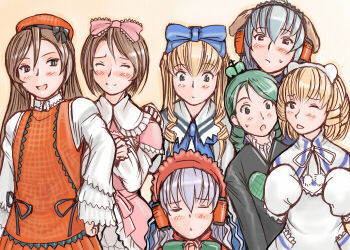 Rule 34 | 6+girls, akachouchin, akachouchin (cosplay), animal ears, barasuishou, blonde hair, blue eyes, blush, bonnet, bow, brown hair, cosplay, daiginjou, daiginjou (cosplay), dog ears, dress, frills, futaba channel, green eyes, green hair, hair ribbon, hat, heterochromia, hinaichigo, kanaria, long hair, multiple girls, aged up, one eye closed, pink bow, red eyes, ribbon, rozen maiden, shinku, short hair, silver hair, souseiseki, suigintou, suiseiseki, tsuda nanafushi, wink