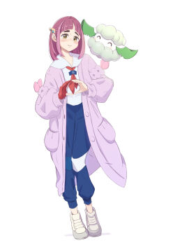 1girl absurdres arched_bangs blue_pants blush buttons closed_mouth coat collared_shirt commentary_request cottonee daru_(851daru) eyelashes gen_5_pokemon gloves heart heart_hands highres lacey_(pokemon) nintendo open_clothes open_coat pants partially_fingerless_gloves pokemon pokemon_(creature) pokemon_sv purple_hair shirt shoes single_glove smile standing white_background white_footwear white_shirt yellow_eyes