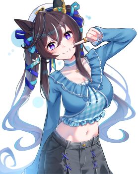 1girl :3 absurdres animal_ears blue_jacket blue_ribbon brown_hair casual commentary_request crop_top ear_covers finger_to_mouth grey_skirt hair_between_eyes hair_ribbon hat head_tilt heart heart_necklace highres horse_ears horse_girl jacket jewelry long_hair looking_at_viewer midriff mole mole_under_eye navel necklace purple_eyes ribbon simple_background single_ear_cover skirt solo twintails umamusume vivlos_(casual)_(umamusume) vivlos_(umamusume) white_background white_hat yami_anko