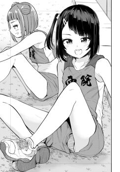 2girls blush commentary_request crop_top double_bun greyscale gym_shorts gym_uniform hair_bun hair_ornament hairclip highres knees_up midriff monochrome multiple_girls nyankosisyou on_ground one_side_up open_mouth original panties pantyshot print_tank_top rectangular_mouth shoes short_hair short_shorts shorts sitting sneakers star_(symbol) star_hair_ornament striped_clothes striped_panties tank_top two_side_up underwear upshorts