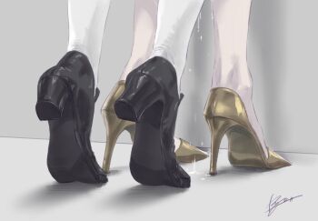 2girls block_heels character_request choryu_desu commentary_request copyright_request high_heels highres implied_fingering korean_commentary lower_body multiple_girls pantyhose pussy_juice signature standing tiptoes white_pantyhose yuri