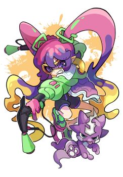 1girl alternate_species artist_name black_shorts blonde_hair blue_eyes check_commentary coat commentary_request dual_wielding gen_8_pokemon gloves goggles green_footwear grin hair_ornament hatsune_miku highres holding index_finger_raised inkling_player_character long_hair long_sleeves looking_at_viewer midair multicolored_coat multicolored_hair nintendo pink_gloves pink_hair pink_pupils platform_footwear poison_miku_(project_voltage) pokemon pokemon_(creature) project_voltage puffy_long_sleeves puffy_shorts puffy_sleeves purple-tinted_eyewear purple_hair shorts smile solo splat_dualies_(splatoon) splatoon_(series) splatter_background tinted_eyewear toxel twintails v-shaped_eyebrows very_long_hair vocaloid white_background yuxiao_o