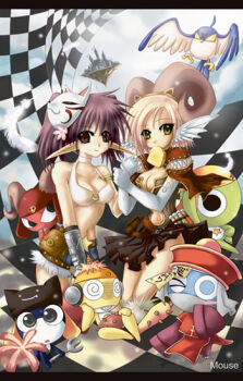 2000s_(style) 2girls 5boys belt belt_buckle belt_pouch bikini bikini_top_only bird black_hat blonde_hair blue_bird blue_shorts bread bread_slice breasts brown_belt brown_dress brown_eyes brown_horns buckle cape checkered_background cleavage closed_mouth coke-bottle_glasses commentary_request cosplay cowboy_shot creator_(ragnarok_online) crossover deviruchi_hat dororo_(keroro_gunsou) dress elbow_gloves feathered_wings filir_(ragnarok_online) food food_in_mouth fox_mask fur-trimmed_shorts fur_trim giroro glasses gloves hat head_wings horns jiangshi keroro keroro_gunsou kom_(water0371) kururu_(keroro_gunsou) letterboxed long_hair looking_at_viewer mask mask_on_head medium_breasts mouth_hold multiple_boys multiple_girls munak munak_(cosplay) ofuda one_eye_closed pointy_ears pouch purple_hair qingdai_guanmao ragnarok_online red_cape short_hair short_shorts shorts smile star_(symbol) strapless strapless_dress swimsuit tamama toast toast_in_mouth very_long_ears white_bikini white_gloves white_wings whitesmith_(ragnarok_online) wings