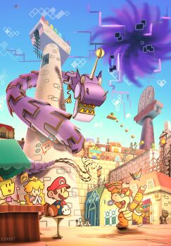 Rule 34 | 4girls, 6+boys, ? block, ^ ^, arms up, artist name, beard, black hole, blonde hair, blue cloak, blue overalls, blue sky, bowser, brown gloves, brown hair, bug, building, butterfly, cloak, closed eyes, crown, cup, door, dragon, dress, earrings, eastern dragon, elbow gloves, facial hair, floating, flying, food, gloves, hands up, hat, highres, holding, holding food, holding ladle, hood, hood up, hot dog, house, howzit, in-universe location, insect, jewelry, ladle, long beard, looking at another, looking back, maribou (supermaribou), mario, mario (series), megabite (mario), merlon (mario), multiple boys, multiple girls, mustache, newsboy cap, nintendo, on stool, open mouth, outdoors, overalls, paper mario, pillar, pink dress, princess peach, radio antenna, red hat, red shirt, saffron (mario), saucer, sharp teeth, shirt, shop, short hair, sitting, sky, smile, solid oval eyes, squiglet, standing, stool, super paper mario, teacup, teeth, thoreau, tippi (paper mario), twitter username, very long beard, warp pipe, welderberg, white gloves, white hair, wracktail, yellow eyes