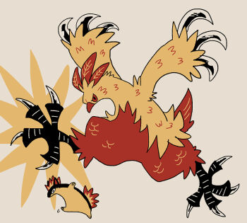 arms_up beak claws combusken fire gen_2_pokemon gen_3_pokemon grey_background inkoinko7 nintendo no_humans pokemon pokemon_(creature) pokemon_focus red_eyes simple_background talons typhlosion