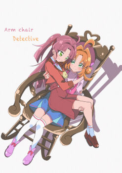 2girls absurdres ahoge akechi_anna blue_skirt blush brown_hair brown_shoes carrying chair closed_mouth dot_nose eye_contact green_eyes hair_bun hair_intakes hat highres jin_taira kobayashi_mikuru looking_at_another meitantei_precure! multiple_girls parted_bangs pink_shirt pink_shoes precure princess_carry purple_hat red_shirt red_shorts rocking_chair shadow shirt shoes short_hair shorts sidelocks simple_background sitting skirt smile socks thighhighs two_side_up white_background white_socks white_thighhighs yuri