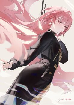 Rule 34 | 1girl, ai arctic warfare, arknights, black dress, black jacket, bolt action, breasts, detached wings, dress, earrings, energy wings, flower earrings, from side, gun, halo, highres, jacket, jewelry, lemuen (arknights), long hair, long sleeves, looking at viewer, official alternate costume, pink eyes, pink hair, rifle, signature, sniper rifle, solo, standing, traditional halo, weapon, wings, yuuki uyu