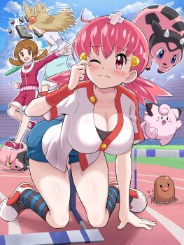 3girls :d absurdres all_fours bandaid bandaid_on_head blush breasts brown_eyes brown_hair cleavage clefairy closed_mouth cloud commentary_request day diglett eyelashes fallen_down gen_1_pokemon gen_2_pokemon hair_ornament hairclip headbutt highres hurdle jacket jasmine_(pokemon) large_breasts long_hair lyra_(pokemon) miltank motion_lines multiple_girls nintendo one_eye_closed open_mouth outdoors outstretched_arm pink_eyes pink_hair pokemoa pokemon pokemon_(creature) pokemon_hgss running_track shoes shorts sky smile socks striped_clothes striped_socks tearing_up twintails white_jacket whitney_(pokemon)