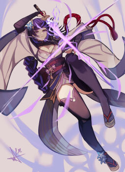 1girl absurdres artist_name blunt_bangs braid breasts bridal_gauntlets cleavage closed_mouth commentary_request full_body genshin_impact hair_ornament highres japanese_clothes kimono korean_commentary large_breasts lingerie long_braid long_hair looking_at_viewer mitsudomoe_(shape) mole mole_under_eye multicolored_hair neck_ribbon off_shoulder purple_eyes purple_hair purple_kimono purple_thighhighs raiden_shogun red_ribbon red_sash ribbon sash shade signature single_braid solo streaked_hair thighhighs tomoe_(symbol) tonyblue2 underwear wide_sleeves