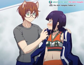 1boy 1girl animal_ears belly black_eyes blue_hair blush boku_no_hero_academia breasts brown_eyes cat_ears cheerleader collar collarbone earphones glasses green_eyes jacket jacket_on_shoulders jacket_over_shoulder jiro_kyoka looking_at_another navel original artist_self-insert shirt short_hair skirt small_breasts smile standing the_dark_mangaka tomboy unworn_jacket