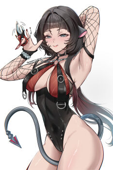 1girl absurdres animal_ears arm_up armpits black_choker black_hair blue_eyes breasts choker covered_navel cowboy_shot dagger fishnet_sleeves fishnets highleg highleg_one-piece_swimsuit highres holding holding_dagger holding_knife holding_weapon jane_doe_(nocturne_of_light)_(zenless_zone_zero) jane_doe_(zenless_zone_zero) knife large_breasts mouse_ears mouse_girl mouse_tail multicolored_hair one-piece_swimsuit red_hair red_nails simple_background solo spinning_weapon swimsuit tail two-tone_hair weapon wonnikon zenless_zone_zero