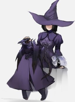 1boy 1girl barefoot black_hair claws dark_souls_(series) dark_souls_ii dark_souls_iii darkeater_midir dragon dragon_claw dragon_horns dragon_tail dragon_wings dress hat headpat horns looking_at_another pantyhose patting purple_dress scathegrapes shadow short_hair simple_background sitting small_dragon smile tail white_background wings witch witch_hat zullie_(youtube) zullie_the_witch