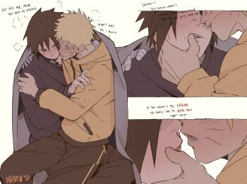 Rule 34 | 2boys, absurdres, artist name, bandaged arm, bandages, black hair, black pants, blonde hair, blush, closed eyes, closed mouth, commentary, drawstring, drunk, english commentary, english text, facial mark, finger in another's mouth, hand on another's shoulder, highres, hood, hood down, hoodie, imminent kiss, male focus, multiple boys, naruto (series), pants, short hair, simple background, sitting, sitting on lap, sitting on person, talking, themidnights0ng, uchiha sasuke, undershirt, uzumaki naruto, whisker markings, white background, yaoi, yellow hoodie