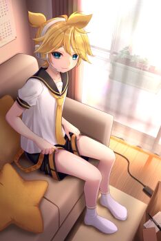 Rule 34 | 1boy, absurdres, aroeruji3, bare legs, belt, black sailor collar, black shorts, blonde hair, blue eyes, cable, calendar (object), closed mouth, collarbone, commentary request, couch, curtains, day, flower pot, from above, headgear, headphones, highres, indoors, kagamine len, looking at viewer, looking up, loose belt, male focus, necktie, no shoes, on couch, pen, pillow, plant, potted plant, rug, sailor collar, short hair, short sleeves, shorts, sitting, smile, socks, solo, spiked hair, star-shaped pillow, swept bangs, table, vocaloid, white socks, wooden floor, yellow necktie