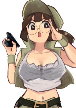 belt black_bra bra brown_eyes brown_hair crop_top field_cap fio_germi glasses gun hashtag-only_commentary hat highres metal_slug military ponytail round_eyewear salute see-through_clothes see-through_shirt shirt shorts tikuwabu_33 underwear weapon white_background