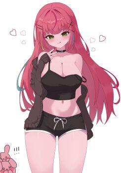 Rule 34 | !, !!, 1girl, absurdres, alternate breast size (larger), animal collar, aqua streaks, arm at side, black camisole, black cardigan, black collar, black nails, black shorts, blush, breasts, camisole, cardigan, cha-shion, cleavage, closed mouth, collar, collarbone, commentary request, cowboy shot, creature, crop top, dot nose, film grain, fingernails, green eyes, green streaks, hair ornament, hairclip, hanako nana, hand up, heart, highres, large breasts, licking lips, long hair, long sleeves, looking at viewer, loving aura, midriff, multicolored hair, nail polish, navel, off shoulder, open cardigan, open clothes, peto (hanako nana), pink streaks, red hair, short shorts, shorts, simple background, smile, solo focus, standing, stellive, straight-on, straight hair, strap slip, streaked hair, tongue, tongue out, v, virtual youtuber, white background, x hair ornament