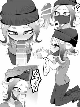 !? ... 1boy 1girl ? bar_censor beanie blush boots censored disembodied_penis erection eyebrows fellatio greyscale hand_on_another's_head hat hetero highres irrumatio kneeling loli mask mask_pull medium_hair monochrome mouth_mask nintendo octoling octoling_girl octoling_player_character one_eye_closed oral organ_rn penis pointy_ears sequential shirt short_sleeves simple_background solo_focus speech_bubble splatoon_(series) splatoon_2 suction_cups sweat t-shirt tearing_up tentacle_hair veins veiny_penis white_background