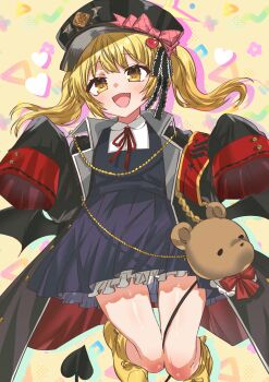 1girl :d absurdres armband black_hat black_jacket black_ribbon blonde_hair bloomers blue_archive blush boots bow breasts collared_shirt commentary demon_girl demon_tail demon_wings dress drop_shadow fang floating_hair full_body hair_between_eyes hair_ornament hair_ribbon happy hat hat_bow heart heart_hair_ornament highres ibuki_(blue_archive) jacket jumping long_hair looking_at_viewer low_wings military_hat namaniku_(user_nxxf7457) neck_ribbon open_clothes open_jacket open_mouth oversized_clothes oversized_jacket peaked_cap pinafore_dress pink_bow pleated_dress red_armband red_ribbon ribbon shirt sidelocks simple_background sleeveless sleeveless_dress sleeves_past_fingers sleeves_past_wrists smile solo tail twintails underwear white_bloomers white_shirt wide_sleeves wings yellow_background yellow_boots yellow_eyes