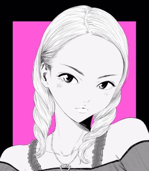 Rule 34 | 1girl, collarbone, commentary request, drill hair, eyelashes, forehead, greyscale with colored background, hair behind ear, head tilt, highres, jewelry, lee (dragon garou), light blush, light frown, lips, necklace, original, pink background, portrait, solo, tan, twin drills, v-shaped eyebrows