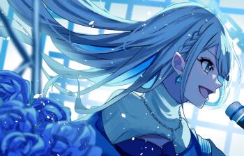 Rule 34 | 1girl, 7naako5, azusawa kohane, blue flower, blue hair, blue rose, braid, commentary request, diamond-shaped earrings, earrings, floating hair, flower, from side, jewelry, long hair, microphone, official alternate costume, official alternate hair length, official alternate hairstyle, open mouth, profile, project sekai, rose, shrug (clothing), side braid, solo, turtleneck, turtleneck shrug, v-shaped eyebrows, whip the wimp girl!! (project sekai), white shrug