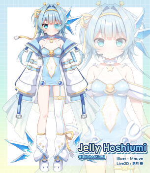 1girl bare_shoulders blue_dress blue_eyes blue_hair breasts character_name closed_mouth collarbone commentary_request covered_navel dress hair_intakes hairband headset jacket jelly_hoshiumi long_hair long_sleeves loose_socks mauve multiple_views official_art open_clothes open_jacket phase_connect platform_shoes scouter see-through_clothes shoes single_thighhigh sleeves_past_fingers sleeves_past_wrists small_breasts smile socks star_(symbol) star_in_eye symbol_in_eye thighhighs twitter_username virtual_youtuber white_background white_jacket white_shoes white_socks white_thighhighs yellow_hairband zoom_layer