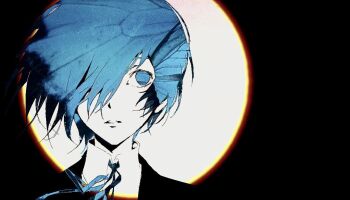 1boy black_background black_jacket blue_eyes blue_hair blue_ribbon facing_viewer gekkoukan_high_school_uniform hair_over_one_eye jacket l8l828 looking_to_the_side male_focus one_eye_covered parted_lips persona persona_3 ribbon school_uniform shirt short_hair solo spotlight straight-on white_shirt wing_collar yuuki_makoto_(persona_3)