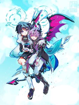 Rule 34 | 2boys, armor, black bodysuit, black bow, black bridal gauntlets, black coat, black hair, black horns, black sandals, black shorts, black tail, blue cape, blue halo, blue sky, blue sleeves, blunt ends, bodysuit, boots, bow, bridal gauntlets, bridal legwear, bright pupils, cape, chest jewel, clenched hand, closed mouth, cloud, cloudy sky, coat, crossed bangs, dragon boy, dragon horns, dragon tail, dragon wings, facial mark, flying, forehead mark, full body, furisode, gem, genshin impact, gloves, gnsn tera, hair between eyes, hakama, hakama shorts, halo, halo behind head, hand on another&#039;s hand, hand on own thigh, heart, heart-shaped gem, heart tail, highres, horns, japanese armor, japanese clothes, kimono, knee boots, kote, kurokote, layered sleeves, leg warmers, light smile, looking at another, looking to the side, lower teeth only, mini durin (genshin impact), mini durin (human) (genshin impact), multiple boys, open clothes, open coat, open kimono, outdoors, pants, parted lips, pink eyes, pink wings, pleated shorts, purple hair, purple horns, purple vest, red eyes, red gemstone, sandals, scaramouche (genshin impact), short sleeves, shorts, shoulder peek, side-by-side, sky, slit pupils, stirrup legwear, tail, teeth, toeless legwear, toes, twitter username, two-sided horns, vest, wanderer (genshin impact), watermark, white gloves, white kimono, white leg warmers, white pants, white pupils, white sleeves, wings, wispy bangs, zouri