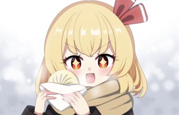 Rule 34 | + +, 1girl, blonde hair, blurry, blurry background, bow, breath, commentary request, food, hair bow, holding, holding food, long sleeves, medium hair, open mouth, portrait, red eyes, rumia, scarf, smile, solo, steamed bun, takapi 3, touhou, v-shaped eyebrows