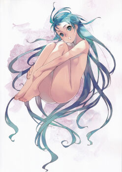 Rule 34 | 1girl, absurdres, ahoge, bare legs, barefoot, blue eyes, blue hair, blush, branch (blackrabbits), breasts, completely nude, convenient censoring, gradient hair, hair spread out, highres, hugging own legs, kantai collection, knees to chest, knees up, long hair, looking at viewer, multicolored hair, nude, open mouth, samidare (kancolle), scan, small breasts, smile, solo, swept bangs, very long hair