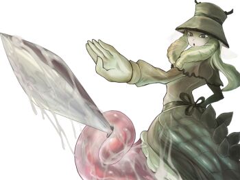 1girl attack back_ribbon black_eyes black_ribbon blonde_hair brown_capelet brown_dress brown_hat capelet dress drill_hair hat holding holding_sword holding_weapon long_dress long_hair long_sleeves melk_(mon-musu_quest!) membrane mon-musu_quest! mon-musu_quest:_paradox monster_girl mucus non-web_source official_art ribbon slime_(substance) slug_girl solo sword twin_drills un_do veil weapon