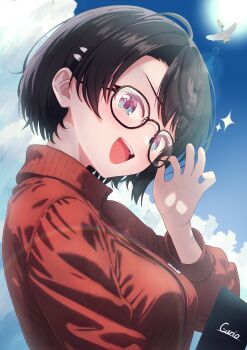 1girl :d absurdres adjusting_eyewear black-framed_eyewear black_hair blue_eyes blue_sky breasts cloud commentary_request curio_(curiofinity) glasses hand_up highres hololive jacket large_breasts looking_at_viewer oozora_subaru open_mouth outdoors red_jacket short_hair sky smile solo swept_bangs teeth track_jacket upper_body upper_teeth_only virtual_youtuber