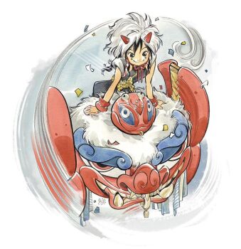 1girl black_hair horns japanese_clothes looking_at_viewer marvel mecha official_art peach_momoko peni_parker robot short_hair sleeveless smile sp//dr spider-man:_into_the_spider-verse spider-man_(series) spider-verse