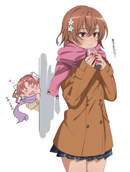 2girls asymmetrical_bangs bow brown_coat brown_eyes brown_hair can ci31205 coat commentary_request drooling hair_between_eyes hair_bow hair_ornament hairpin heart heart-shaped_eyes highres holding holding_can long_hair long_sleeves miniskirt misaka_mikoto mouth_drool multiple_girls peeking_out plaid_clothes plaid_skirt purple_scarf scarf school_uniform shirai_kuroko short_hair skirt toaru_kagaku_no_railgun toaru_majutsu_no_index tokiwadai_school_uniform translation_request twintails white_background white_bow winter_clothes winter_coat winter_uniform yuri