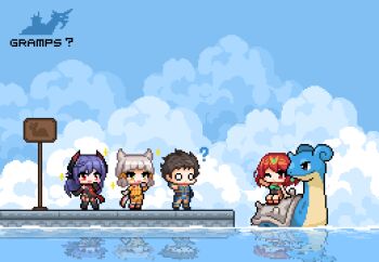 Rule 34 | 16-bit, 16bit, 1boy, 3girls, android, animal ears, azurda (xenoblade), blunt bangs, bodysuit, cat ears, crossover, english text, gen 1 pokemon, lapras, long hair, multiple girls, nia (xenoblade), nintendo, pixel art, pokemon, pokemon (creature), poppi (xenoblade), poppi qtpi (xenoblade), pyra (xenoblade), red eyes, red hair, redforge, rex (xenoblade), riding, riding pokemon, short hair, silhouette, silver hair, water, xenoblade chronicles (series), xenoblade chronicles 2, yellow bodysuit, yellow eyes