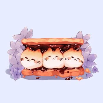 :3 animal-themed_food blush cat chocolate commentary commission english_commentary facial_mark flower food food_focus graham_cracker highres marshmallow melted_together melting mumechi no_humans original purple_flower s'more simple_background whisker_markings