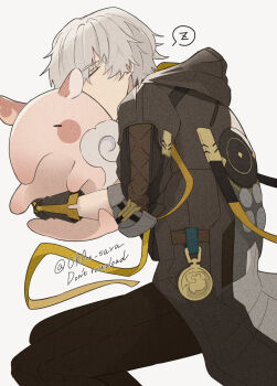 1boy animal brown_coat brown_gloves brown_pants caelus_(honkai:_star_rail) closed_eyes coat commentary_request feet_out_of_frame gloves grey_hair highres holding holding_animal honkai:_star_rail honkai_(series) hood hooded_coat lying male_focus okas_sava on_side pants short_hair sleeping solo spoken_zzz tapir trailblazer_(honkai:_star_rail) tuskpir_(honkai:_star_rail) twitter_username zzz