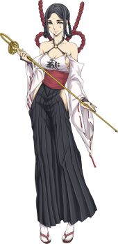 1girl black_hair breasts brown_eyes facial_tattoo full_body highres hinata_himika iwamoto_tatsurou japanese_clothes large_breasts looking_at_viewer official_art shin_megami_tensei shin_megami_tensei:_liberation_dx2 sideboob simple_background smile solo standing tattoo third-party_source transparent_background wide_sleeves