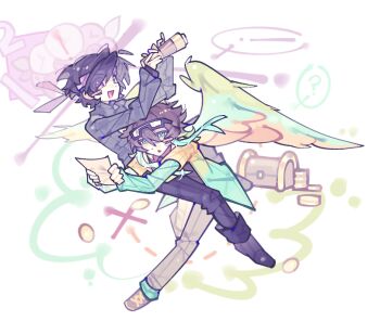 Rule 34 | 2boys, ?, animification, aoerliangkaochipisa89963, aqua eyes, bird boy, bird wings, black boots, black hair, black pants, black shirt, blush stickers, boots, bright pupils, brown hair, brown pants, brown shoes, chinese commentary, commentary request, goggles, goggles on head, headband, holding, holding map, humanization, jacket, long sleeves, looking at viewer, male focus, map, minecraft youtube, multicolored jacket, multiple boys, open clothes, open jacket, open mouth, pants, parrot boy, parrotx2, purple eyes, purple headband, shirt, shoes, short hair, simple background, single blush sticker, smile, sneakers, squinting, treasure chest, white background, white pupils, wifies, wings