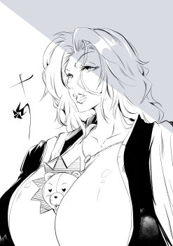 Rule 34 | 1boy, 1girl, absurdres, bleach, breasts, chain, chain necklace, collarbone, commentary, english commentary, highres, japanese clothes, jewelry, kon (bleach), large breasts, lips, matsumoto rangiku, medium hair, mole, mole under mouth, monochrome, necklace, rickyxstudio, shawl, shihakusho, shiny skin, simple background, stuffed animal, stuffed lion, stuffed toy, upper body