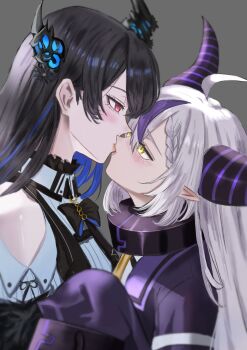 2girls absurdres ahoge black_hair blue_hair clothing_cutout collar colored_inner_hair commentary dhbwinner grey_background hashtag-only_commentary highres hololive hololive_english horns kiss la+_darknesss long_hair multicolored_hair multiple_girls nerissa_ravencroft pink_eyes pointy_ears purple_streaks shirt shoulder_cutout simple_background sleeves_past_fingers sleeves_past_wrists virtual_youtuber white_hair white_shirt yellow_eyes yuri