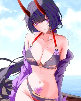 1girl bikini breasts cleavage commentary dullahan0w0 english_commentary highres honkai_(series) honkai_impact_3rd horns large_breasts long_hair looking_at_viewer navel pubic_tattoo purple_hair raiden_mei raiden_mei_(herrscher_of_thunder) solo swimsuit tattoo wet
