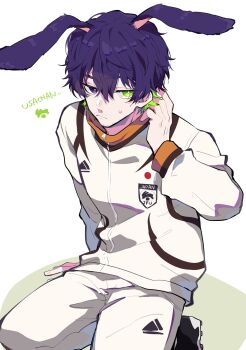 1boy animal_ears blue_lock bright_pupils commentary_request facial_hair goatee_stubble green_eyes hair_between_eyes highres jacket kemonomimi_mode long_sleeves looking_at_viewer male_focus mustache_stubble nekoma_hikaru oliver_aiku pants purple_eyes purple_hair rabbit_ears romaji_text short_hair simple_background solo stubble sweatdrop white_background white_jacket white_pants white_pupils