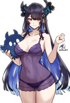 Rule 34 | 1girl, asymmetrical horns, black flower, black hair, black horns, blue hair, blush, breasts, cleavage, closed mouth, colored inner hair, commentary, commission, cowboy shot, demon horns, english commentary, flower, gluteal fold, hair between eyes, hair ornament, highres, hololive, hololive english, horn flower, horns, jailbird (nerissa ravencroft), large breasts, legs together, lingerie, long hair, looking at viewer, mole, mole under eye, multicolored hair, navel, negligee, nerissa ravencroft, panties, purple negligee, purple panties, red eyes, rotomdocs, see-through clothes, signature, simple background, smile, solo, standing, tassel, tassel hair ornament, thigh gap, twitter username, two-tone hair, underwear, uneven horns, variant set, very long hair, virtual youtuber, white background
