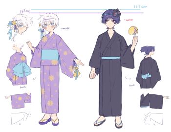 1boy 1girl alternate_costume arm_at_side artist_self-insert bag bell black_kimono black_sandals blue_eyes blue_ribbon blunt_ends blush braid braided_bangs cat_mask clenched_hand closed_mouth collarbone couple disembodied_hand earrings english_text eyeliner eyeshadow floral_print floral_print_kimono flower full_body genshin_impact gold hair_bell hair_between_eyes hair_bun hair_flower hair_intakes hair_ornament hair_ribbon hand_fan hand_up height_chart height_difference hetero highres holding holding_fan japanese_clothes jewelry jingle_bell kimono long_sleeves looking_at_another looking_at_viewer makeup mask mask_on_head obi oc_x_canon original print_kimono purple_eyes purple_hair purple_kimono purple_sandals purple_sleeves red_eyeliner red_eyeshadow reference_sheet ribbon sandals sash scaramouche_(genshin_impact) short_hair single_side_bun smile standing tareme toenails toes tsurime white_background wide_sleeves wispy_bangs yellow_bag yellow_flower yukata yunhhj zouri