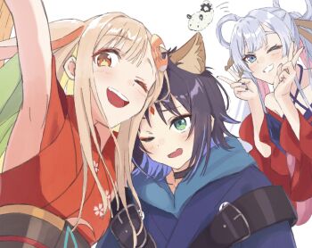 3girls :s animal_ears blonde_hair blue_eyes blue_jacket blue_nails blush brown_eyes camera_view cellphone cho_kaguya-hime! colored_inner_hair commentary crescent crescent_hair_ornament fang forehead_jewel fox_ears fox_girl fushi_(cho_kaguya-hime!) green_eyes hair_ornament hair_rings hair_stick highres hiiragii_(hiiragi_0404) jacket kaguya_(cho_kaguya-hime!) kemonomimi_mode long_hair looking_at_viewer medium_hair multicolored_hair multiple_girls nail_polish one_eye_closed open_mouth phone pink_hair procreate_(medium) purple_hair rabbit_ears raised_inner_eyebrows red_shirt runami_yachiyo sakayori_iroha shirt simple_background skin_fang smartphone smile swept_bangs taking_picture teeth touhou_user_interface translated upper_body upper_teeth_only user_interface very_long_ears white_background white_hair