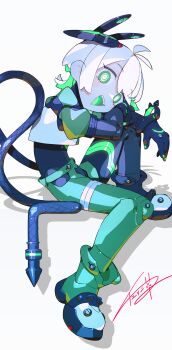 1girl absurdres antenna_hair boots cheri_zao colored_skin commentary eyelashes green_hair grey_skin highres midoriko_(cheri_zao) multicolored_hair open_mouth original ringed_eyes robot_girl shadow short_hair signature simple_background sitting smile solo symbol-only_commentary tail teeth two-tone_hair upper_teeth_only white_background white_hair